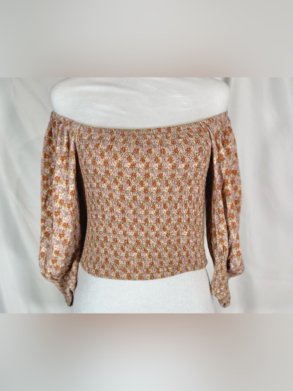 Bluesteel Off Shoulder Earth Color Smocked Crop Top With Puffy Sleeves Size L